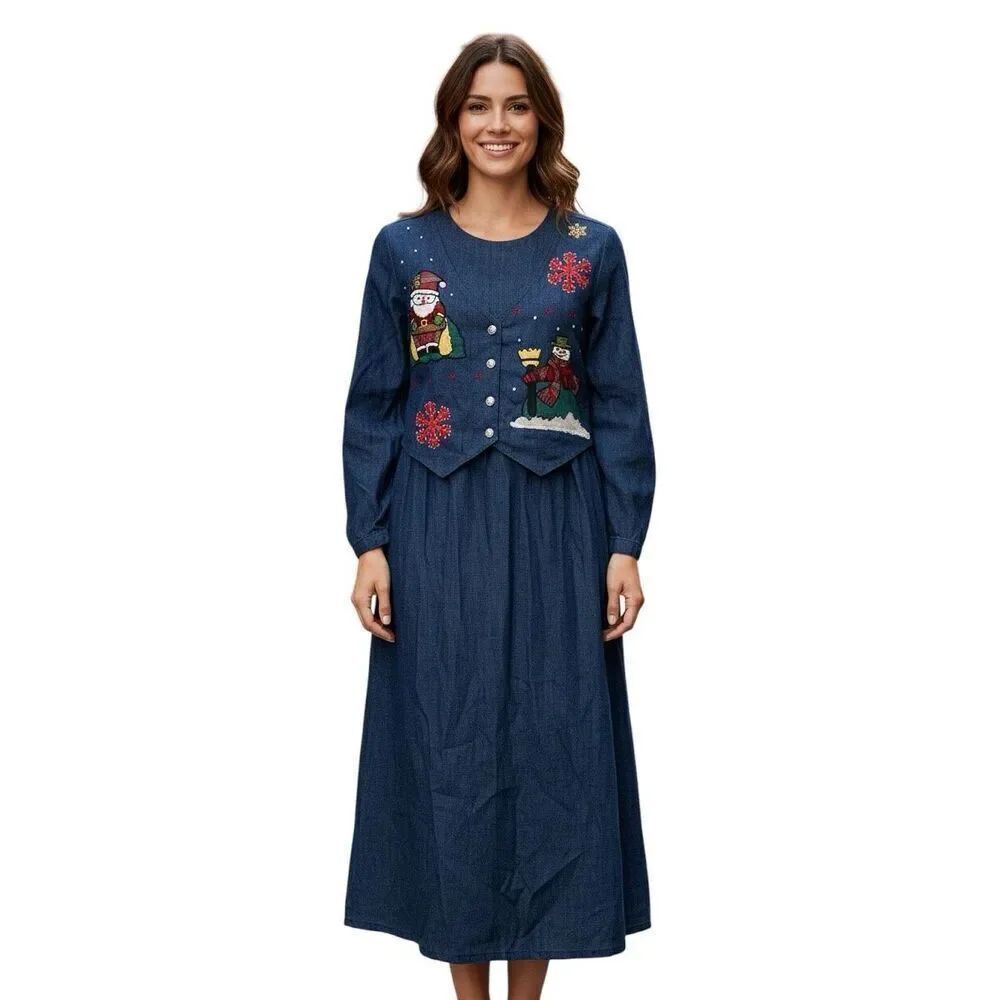 Mosaic Size 10 Twofer Denim Long Dress Embroidered Snowman Print Winter Teacher